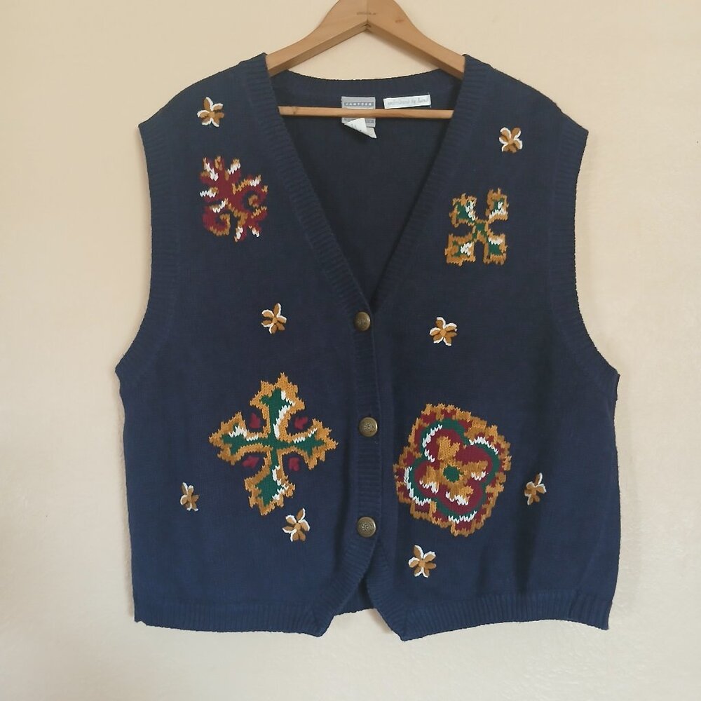 Vintage Jantzen Dark Blue Celtic Embroidered Cardigan Sweater Vest Women's XL